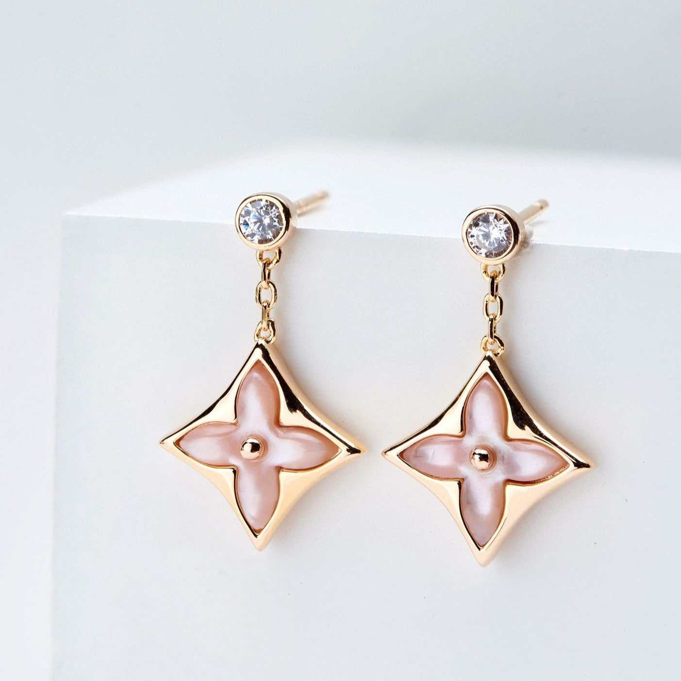 [Saipan]DOUBLE STAR ROSE GOLD MOP DROP EARRINGS