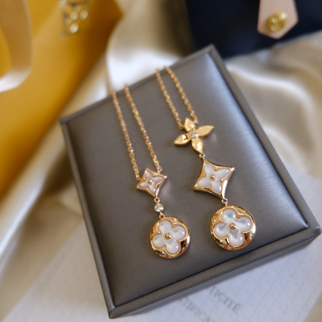 [Saipan]COLOR BLOSSOM LARIAT NECKLACE ROSE GOLD WHITE MOTHER PEARL AND DIAMOND