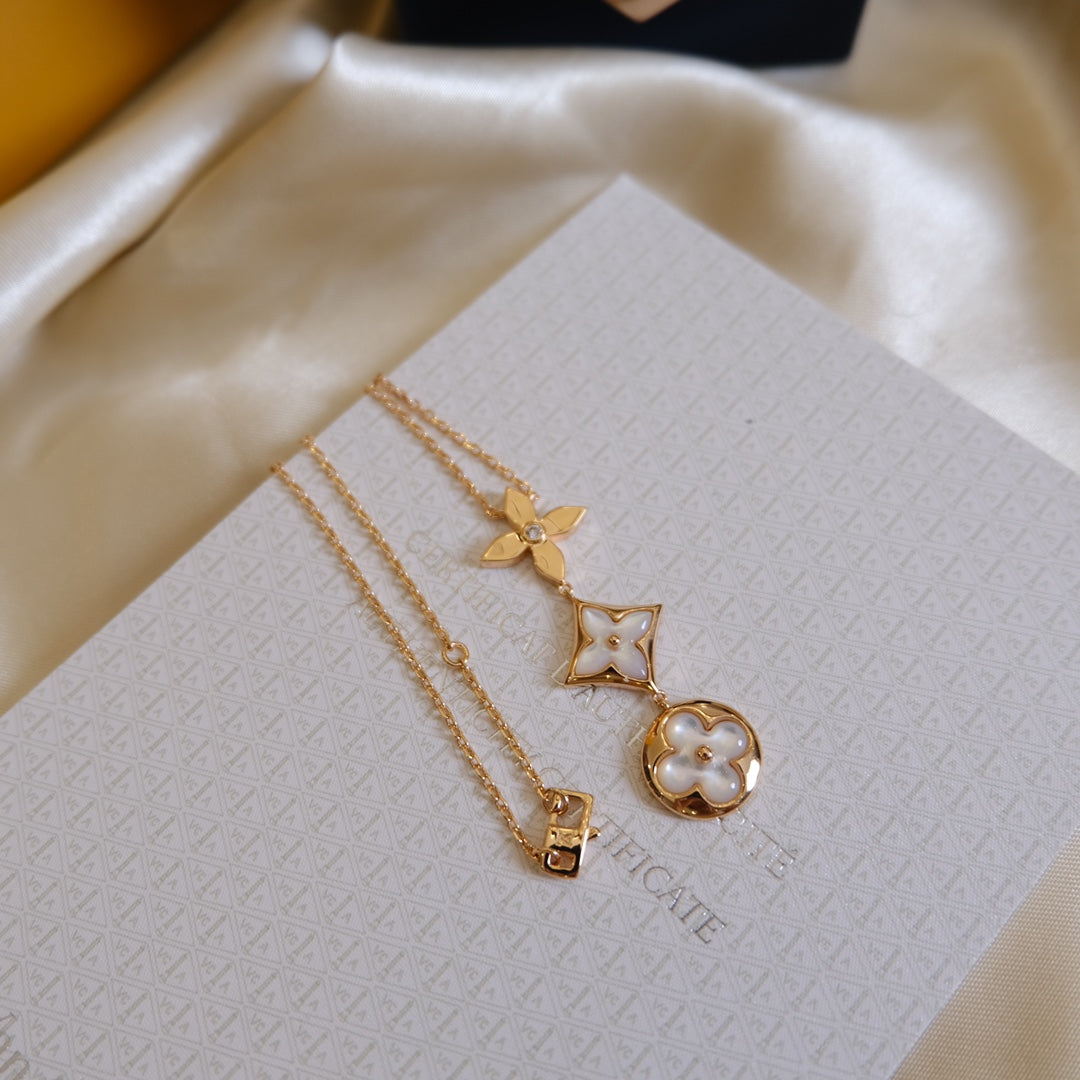 [Saipan]COLOR BLOSSOM LARIAT NECKLACE ROSE GOLD WHITE MOTHER PEARL AND DIAMOND