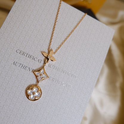 [Saipan]COLOR BLOSSOM LARIAT NECKLACE ROSE GOLD WHITE MOTHER PEARL AND DIAMOND