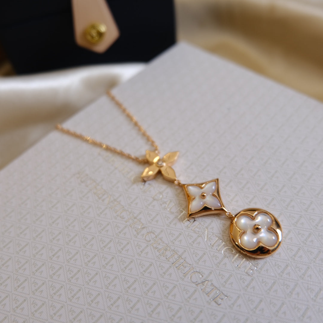[Saipan]COLOR BLOSSOM LARIAT NECKLACE ROSE GOLD WHITE MOTHER PEARL AND DIAMOND