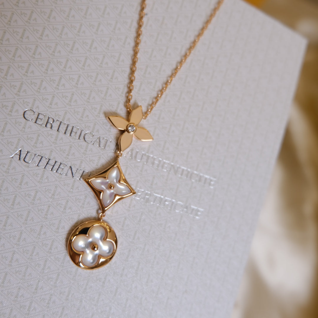 [Saipan]COLOR BLOSSOM LARIAT NECKLACE ROSE GOLD WHITE MOTHER PEARL AND DIAMOND