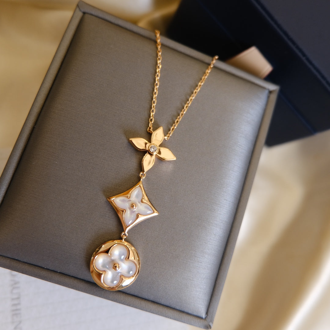 [Saipan]COLOR BLOSSOM LARIAT NECKLACE ROSE GOLD WHITE MOTHER PEARL AND DIAMOND