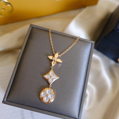 [Saipan]COLOR BLOSSOM LARIAT NECKLACE ROSE GOLD WHITE MOTHER PEARL AND DIAMOND