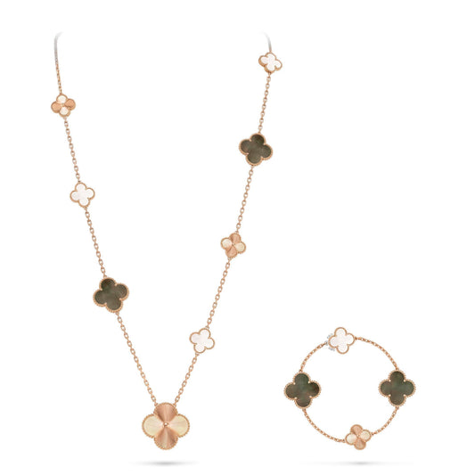 [Saipan]DETACHABLE 15-MOTIF CLOVER STATEMENT SET - GREY MOTHER-OF-PEARL & LASER