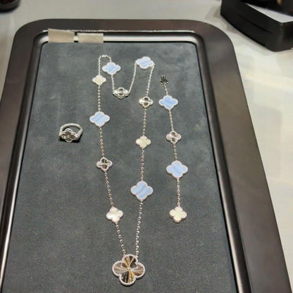 [Saipan]DETACHABLE 15-MOTIF CLOVER STATEMENT SET - PURPLE CHALCEDONY & LASER