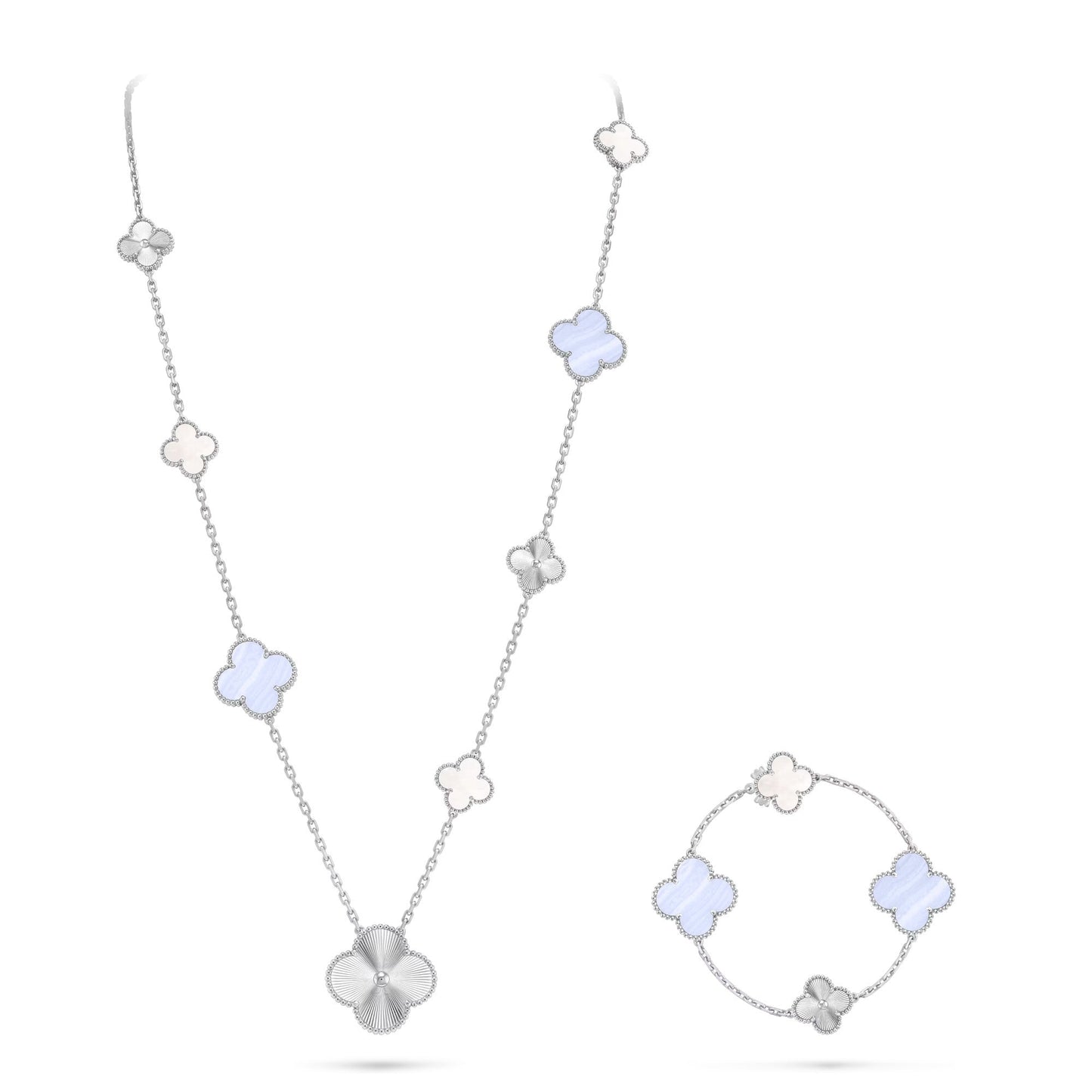 [Saipan]DETACHABLE 15-MOTIF CLOVER STATEMENT SET - PURPLE CHALCEDONY & LASER