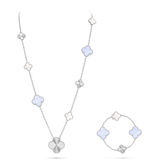 [Saipan]DETACHABLE 15-MOTIF CLOVER STATEMENT SET - PURPLE CHALCEDONY & LASER